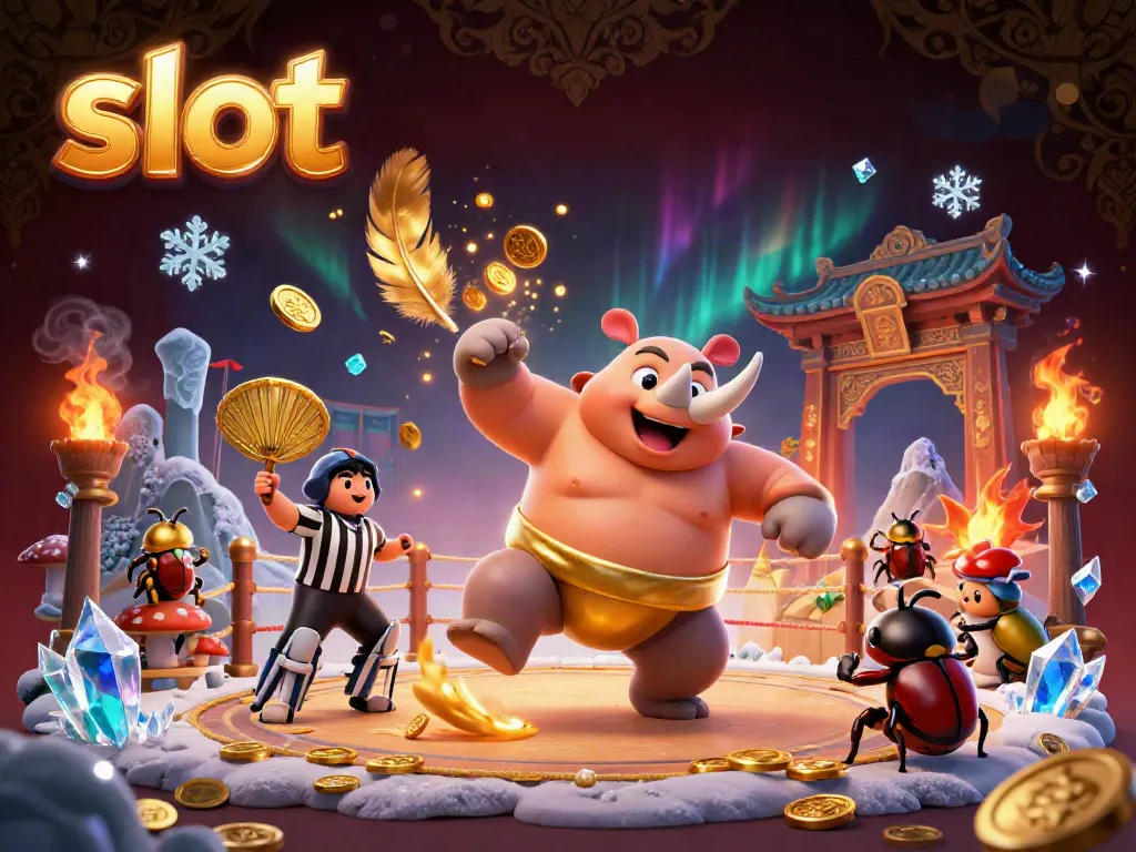 Witness the slot action as a rhinoceros beetle sumo champion sends flying coins in this vibrant casino scene.