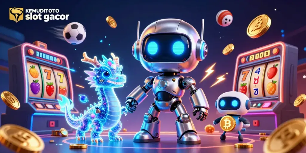 KEMUDITOTO slot gacor menghadirkan suasana kasino yang menarik dengan robot futuristik dan naga holografis.
