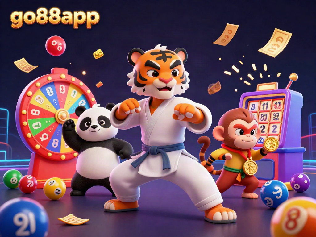 Experience exhilarating gaming with go88app as a kung fu tiger performs a winning pose amidst colorful lottery elements.