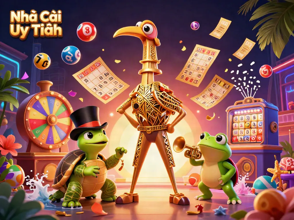 Experience a vibrant scene with the characters representing Nhà Cái Uy Tín amidst lottery elements and casino excitement.