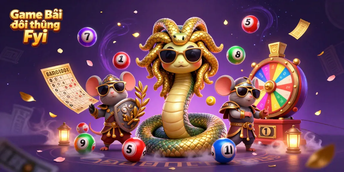 Engage with Game Bài Đổi Thưởng Fyi in this vibrant 3D illustration showcasing lottery elements and lively characters.