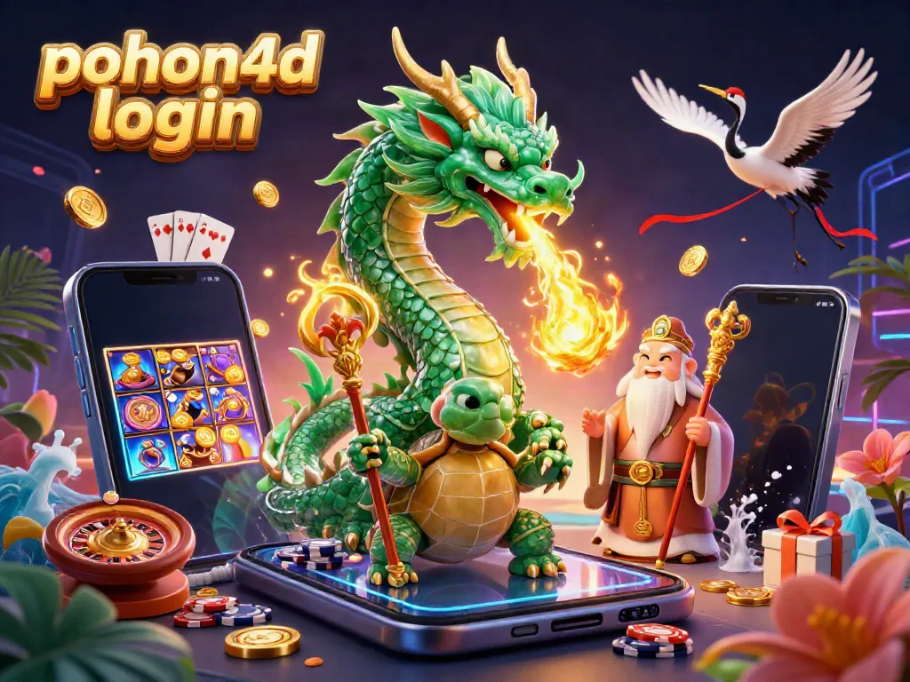 Experience the thrill of the pohon4d login with a vibrant, dynamic casino-themed 3D scene featuring a dragon and lucky symbols.