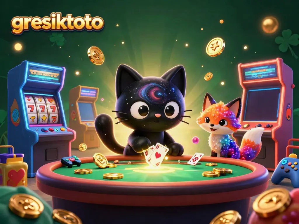 Experience cosmic gaming with gresiktoto, where a black hole cat and colored fox create fun at the casino table.