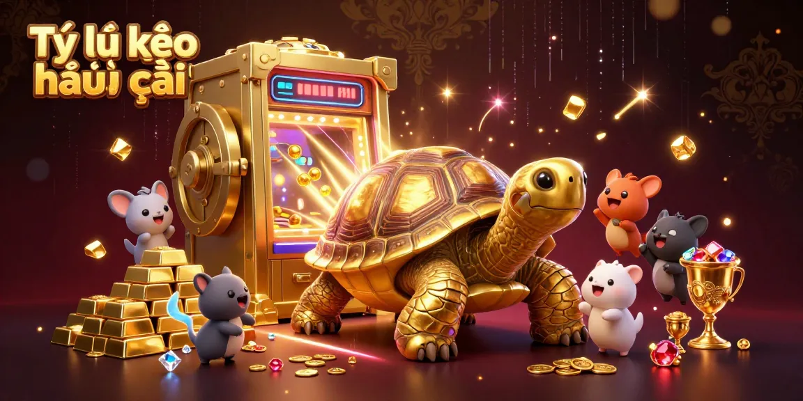 Engaging scene depicting Tỷ lệ kèo nhà cái with a golden tortoise pinball machine amidst treasures, highlighting excitement in gambling.