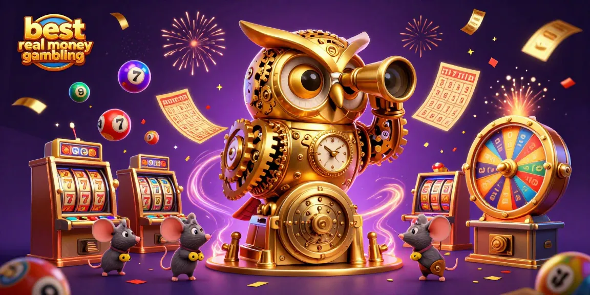 Experience the best real money gambling with vibrant slot machines and playful characters in a dynamic casino scene.