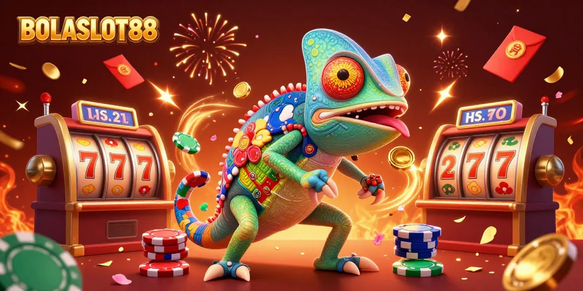 BOLASLOT88 menampilkan pemilik kasino chameleon 3D menangkap koin emas di slot mewah.