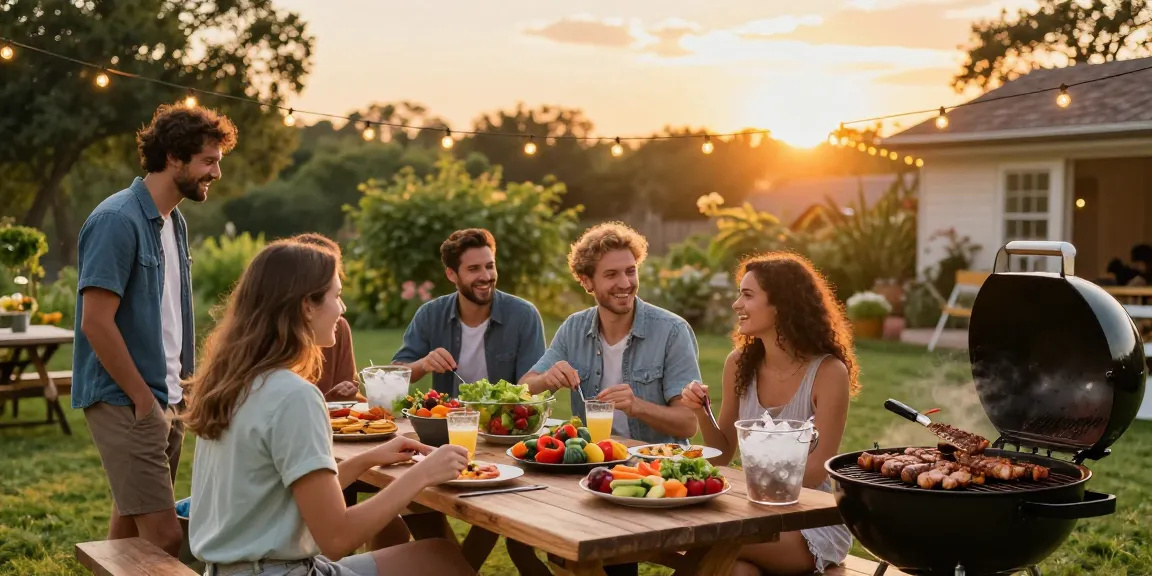 Suasana BBQ yang meriah dengan teman-teman menikmati masakan dengan BOS88 Link Alternatif di meja piknik.