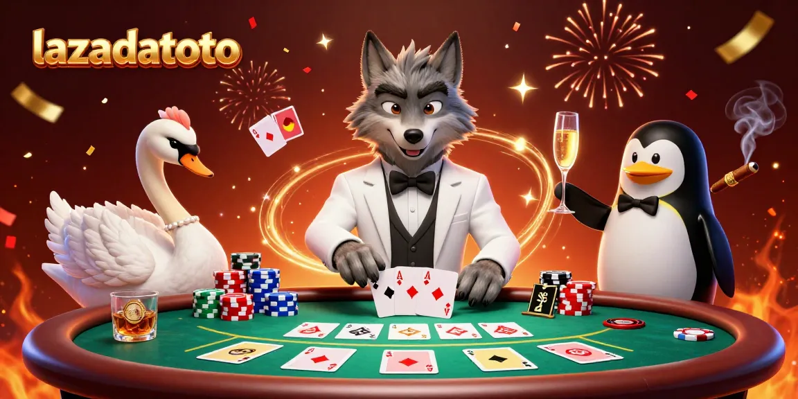 Gambarkan momen menarik bermain lazadatoto dengan serigala, angsa, dan penguin di meja poker.
