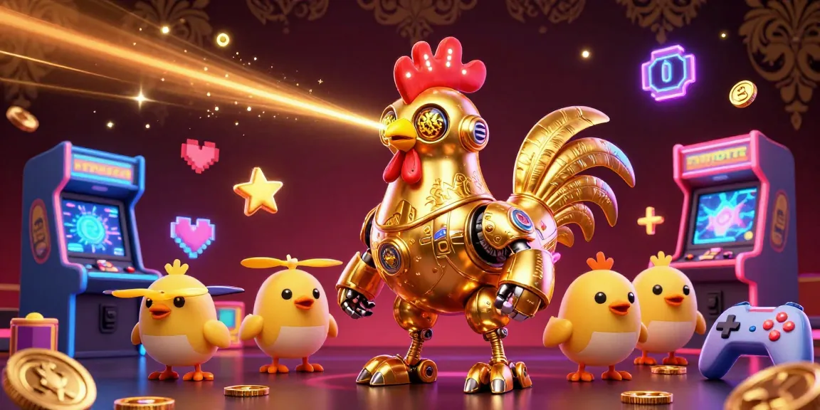 Engage in exciting gaming at Website Sunwin featuring a vibrant scene with a golden rooster robot and game machines.