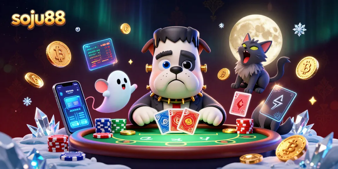 Engage with soju88's thrilling poker scene featuring a Frankenstein bulldog dealer amidst lively gaming assets.