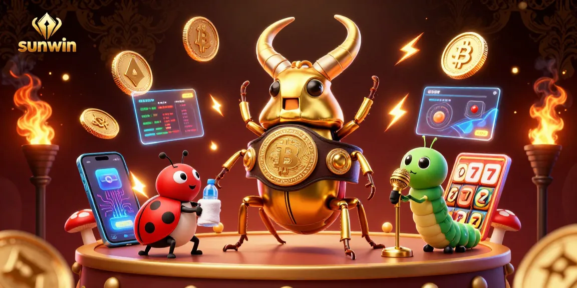 Engaging sunwin gaming scene with a golden stag beetle as a champion, neon coins, and slot elements