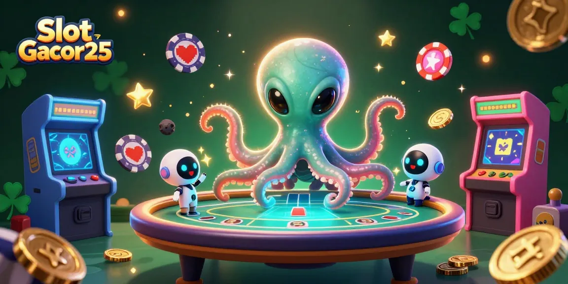 Slot Gacor25 menyajikan permainan slot dengan alien dan robot di meja poker.