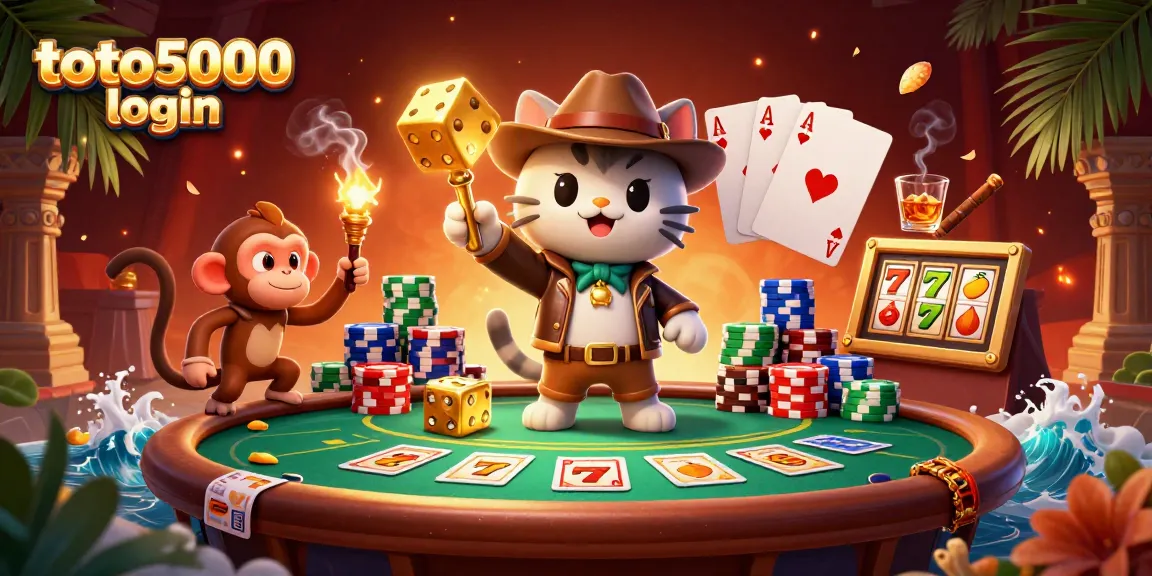 Experience the excitement of the toto5000 login scene with a 3D archaeologist cat and casino artifacts.