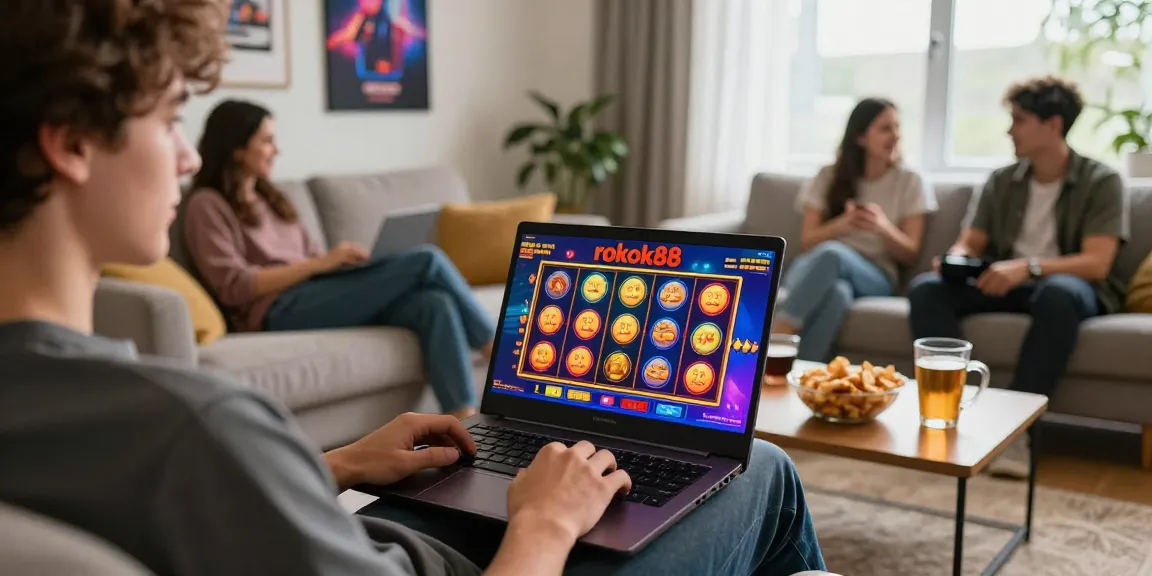 Exciting moment playing rokok88 slot at home with friends in a cozy living room.