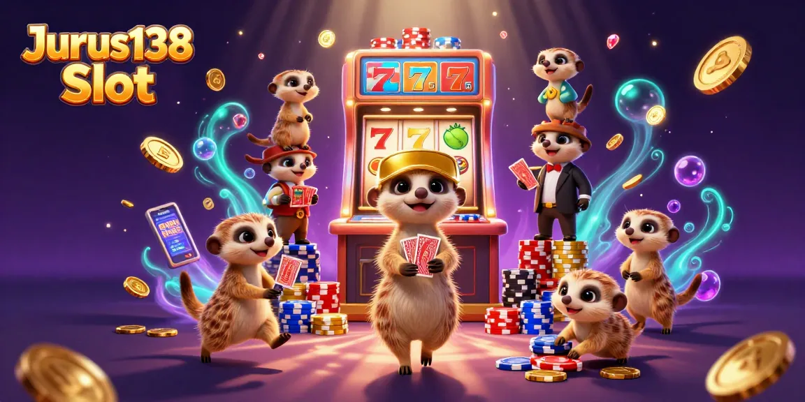Spin the reels at Jurus138 Slot with cartoon meerkats running a vibrant casino!