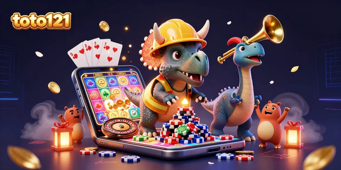 Permainan slot interaktif dengan toto121, triceratops membangun menara chip poker di kasino.